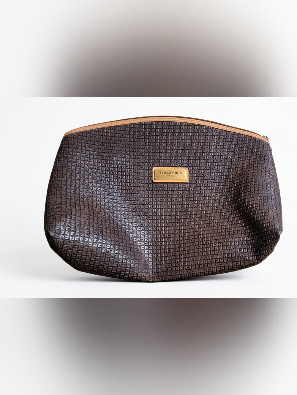 Vintage Ted Lapidus Brown Textured Cosmetic Pouch with Tan Trim